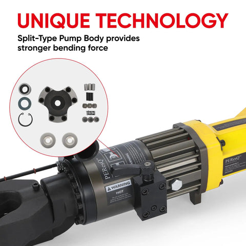 PEResQ Electric Rebar Bender 5/8 Inch Hydraulic Portable Bending Machine 1200W 120V showing split-type pump with accessories.