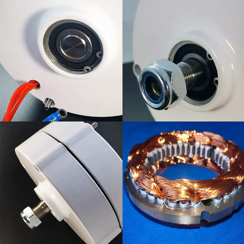 Close-up views of 100W 12V 24V Permanent Magnet Generator for Off Grid DIY Wind Turbine and Hydro Generator, showing internal components.