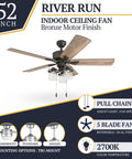 River Run 52 Inch Farmhouse LED Ceiling Fan With Light, Bronze Finish, Rustic Barn Wood Blades, Reversible Motor, Edison Lighting
