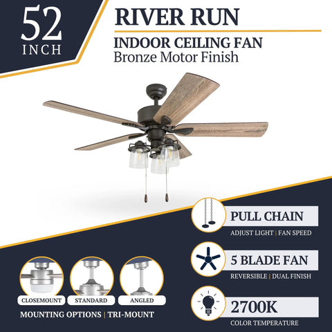 River Run 52 Inch Farmhouse LED Ceiling Fan With Light, Bronze Finish, Rustic Barn Wood Blades, Reversible Motor, Edison Lighting