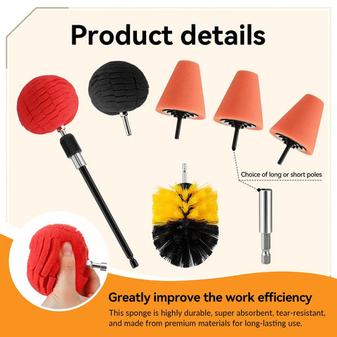 Eight Piece Aluminum Wheel Polishing Kit For Drills With Foam Sponge Polishing Balls Extension Holder And Magnetic Link Rod For Chrome Rims Metal And Home Car Polisher Projects, showing sponges and attachment tools.