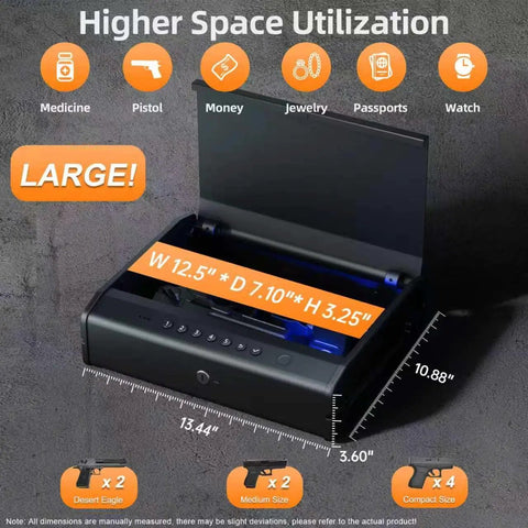 Biometric Gun Safe With Fingerprint Scanner And Raised Backlit Keypad Secures Two To Four Pistols showing internal dimensions and capacity for various handguns.