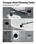 Cordless Electric Spin Scrubber with extendable handle and replaceable brush heads for bathtub, tile, and bathroom cleaning.