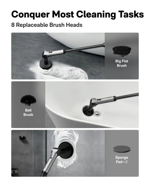 Cordless Electric Spin Scrubber with extendable handle and replaceable brush heads for bathtub, tile, and bathroom cleaning.