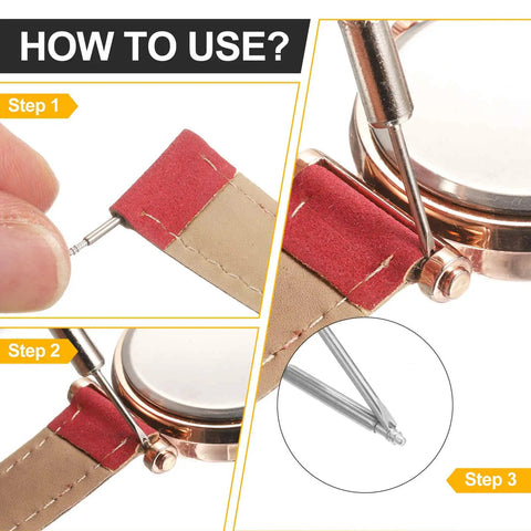 16 Piece Stainless Steel Watch Spring Bar Replacement Kit With Removal Tool shown in use for easy band swapping steps.