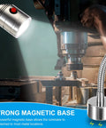 Adjustable Magnetic Work Light With Flexible Gooseneck Provides Straight Fire 1000 Lumen Focus Glow For Home Shops And Desks Featuring Flicker Free Led Bulbs And Strong Base that shows strong magnetic base attached to a workbench.