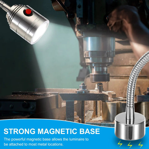 Adjustable Magnetic Work Light With Flexible Gooseneck Provides Straight Fire 1000 Lumen Focus Glow For Home Shops And Desks Featuring Flicker Free Led Bulbs And Strong Base that shows strong magnetic base attached to a workbench.