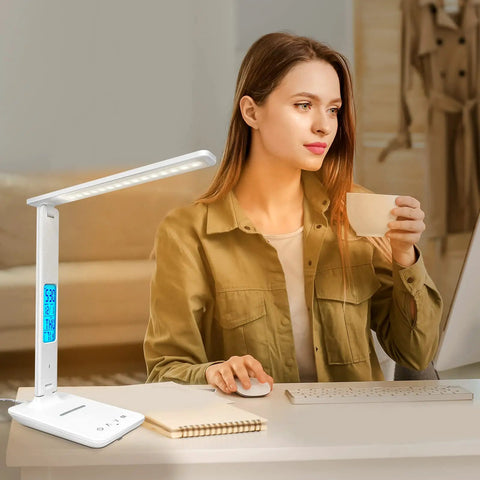Desk Lamp With Wireless Charger And USB Port, Dimmable LED Table Light With Clock, Alarm, Date And Temperature, Eye Caring Frosted Shade
