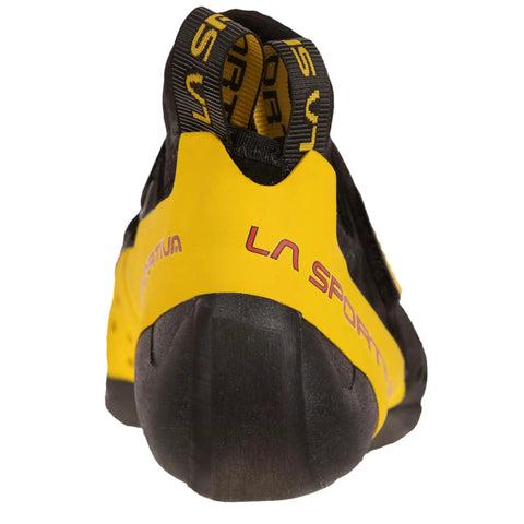 Back view of Solution Comp Rock Climbing Shoes For Men, Black Yellow, Size 12.5 US, featuring sturdy heel and loop tabs for easy wear