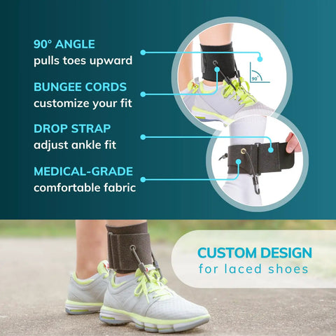 Foot Drop Brace With Dorsiflexion Support For Men And Women, Adjustable Ankle Foot Orthosis in use on person's ankle with shoe