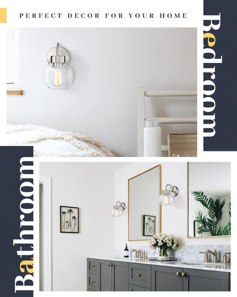 Over Mirror Bathroom Light Fixture One Light Brushed Nickel Wall Sconce with glass globe in bedroom and bathroom settings