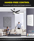 Living room with 2 In 1 Ceiling Fan Control And Light Dimmer Switch With 2.4G WiFi Works With Alexa Google Assistant And Smart Life No Hub Required Neutral Wire Required Timed Scheduling For Fans And Lights Four Fan Speeds And 1 To 14 Level Light Dimming Single Pole, showing installation on wall and ceiling fan above sofa.