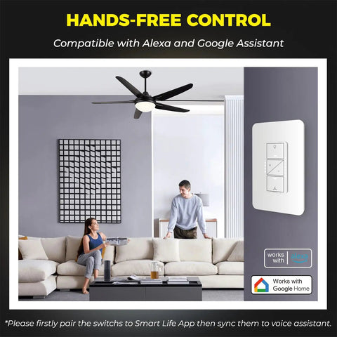 Living room with 2 In 1 Ceiling Fan Control And Light Dimmer Switch With 2.4G WiFi Works With Alexa Google Assistant And Smart Life No Hub Required Neutral Wire Required Timed Scheduling For Fans And Lights Four Fan Speeds And 1 To 14 Level Light Dimming Single Pole, showing installation on wall and ceiling fan above sofa.