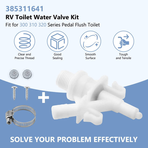 RV Toilet Valve Replacement Kit For Dometic 300 310 320 Flush Toilets With Water Valve Hose Clamp Screws And Stainless Mesh Filters Easy Cost Effective Repair For Campers And Trailers. White valve kit with hose clamp, screws, and mesh filters