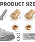 Two Pack Heavy Duty Solid Brass Car Battery Terminal Adapters Convert Side Posts To Top Mount For 12V Auto Batteries With Hardware, shown with sizes.