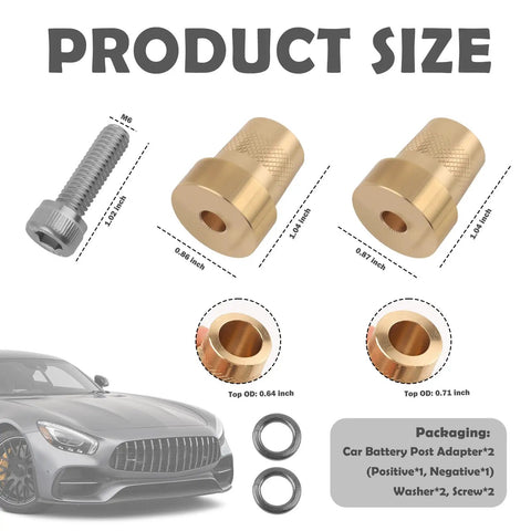 Two Pack Heavy Duty Solid Brass Car Battery Terminal Adapters Convert Side Posts To Top Mount For 12V Auto Batteries With Hardware, shown with sizes.