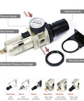 Compressed Air Filter Regulator Piggyback Combo Pro Grade 3/8 NPT with poly bowl, metal guard, bracket, gauge, semi-auto drain AW3000 N03A.