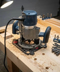 Heavy Duty 3 4 Workbench Dog Hole Template Guide Precision Drill Jig For Woodworking Layout Tools Accurate Spacing With Clamp Stops And Workholding System To Nail Your Setup Fast positioned on a wooden workbench with shavings.