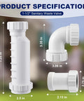 Diagram showing dimensions of One And A Half Inch Sanitary Waste Valve Kit With Self Sealing Membrane Keeps Odors Out And Prevents Pressure Failures For RV Sinks Toilets And Showers Compatible With Wavin BV1B UB Waste Valve, featuring straight, angled, and inline adapters.