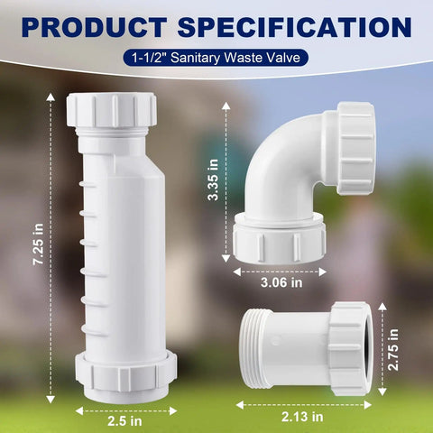 Diagram showing dimensions of One And A Half Inch Sanitary Waste Valve Kit With Self Sealing Membrane Keeps Odors Out And Prevents Pressure Failures For RV Sinks Toilets And Showers Compatible With Wavin BV1B UB Waste Valve, featuring straight, angled, and inline adapters.