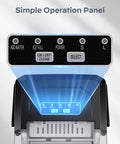 Countertop ice maker control panel; black with blue glow and labeled Add Water, Ice Full, Power, S, L