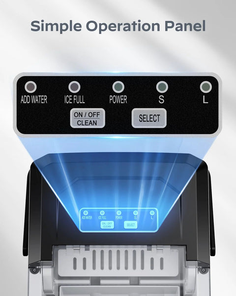 Countertop ice maker control panel; black with blue glow and labeled Add Water, Ice Full, Power, S, L
