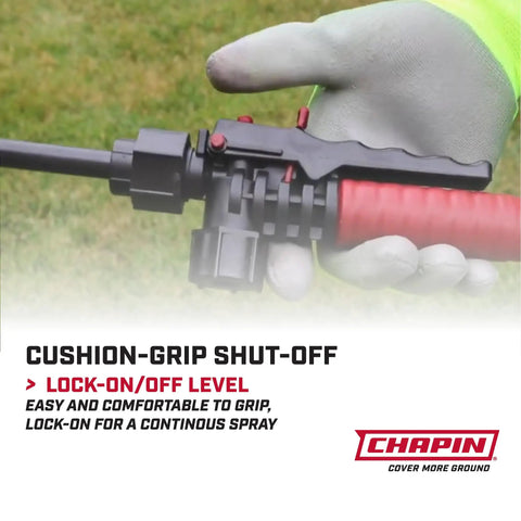 Cushioned grip shut-off handle of Your Go-To 4-Gallon ProSeries Backpack Sprayer With Foaming Adjustable Nozzle For Fertilizers, Herbicides And Pesticides, Translucent Tank, 3-Stage Filtration, Cushioned Grip Shut-Off, Easy Fill, Made In USA.