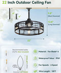 22 Inch Outdoor Ceiling Fan With Light For Patio And Pergola, Waterproof Gazebo Fan With Remote, Caged Design