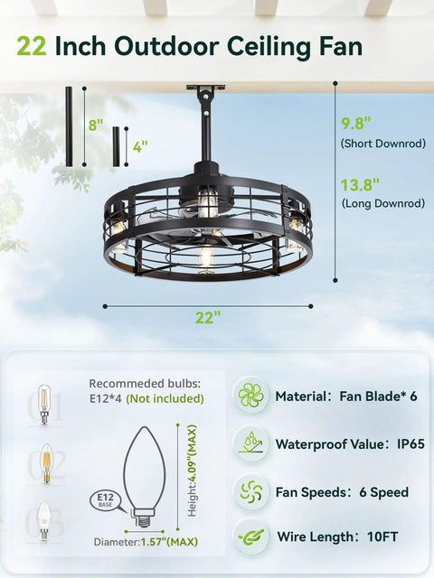 22 Inch Outdoor Ceiling Fan With Light For Patio And Pergola, Waterproof Gazebo Fan With Remote, Caged Design