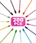 200 Pieces Ball Chain Keychains Bulk Pack With 4.72 Inch Metal Links In 15 Assorted Colors For DIY Crafts, Jewelry Making, Party Favors, School Projects, And Creative Hobby Builds. 200 pcs multicolor metal ball chain keychains