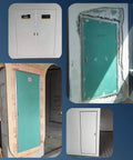 Custom Fit Lockable Wall Access Panel Hidden Inspection Hatch With Heavy Duty Aluminum Frame Secure Latch For Drywall Utility Openings No Fuss Install And Professional Finish, shown in various installation stages.