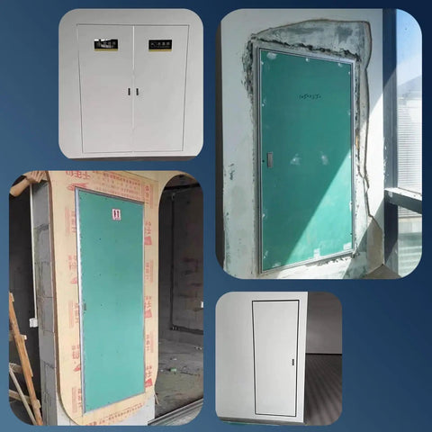 Custom Fit Lockable Wall Access Panel Hidden Inspection Hatch With Heavy Duty Aluminum Frame Secure Latch For Drywall Utility Openings No Fuss Install And Professional Finish, shown in various installation stages.
