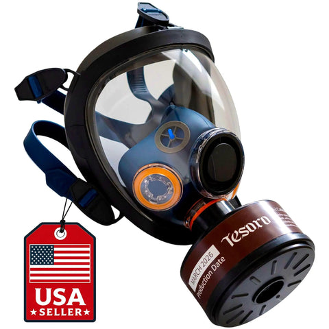 Top Notch Activated Carbon RD40 40mm Gas Mask Replacement Filter Canister attached to a full face mask, USA seller badge visible.