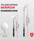 Heavy Duty Telescoping Inspection Mirror With 3.23 Inch Round Mirror, Up To 30 Inch Reach, 360 Degree Swivel, Non Slip Handle, Includes 2 In 1 Storage Pouch shown fully extended and collapsed.