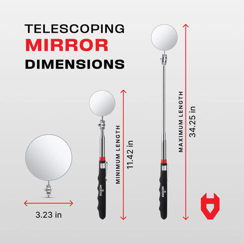 Heavy Duty Telescoping Inspection Mirror With 3.23 Inch Round Mirror, Up To 30 Inch Reach, 360 Degree Swivel, Non Slip Handle, Includes 2 In 1 Storage Pouch shown fully extended and collapsed.