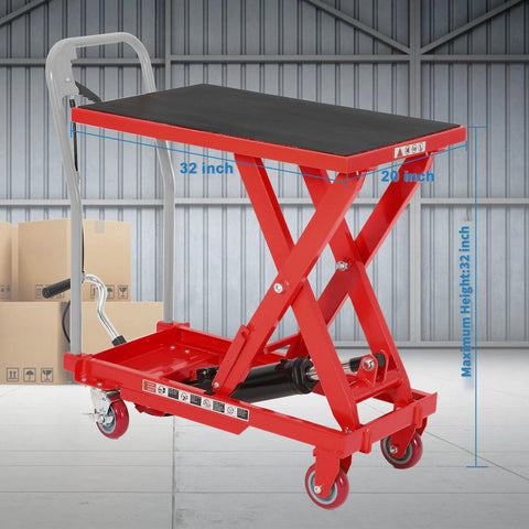 Heavy-duty hydraulic lift table cart in red with black non-slip top, 32-inch lifting height, and locking wheels.