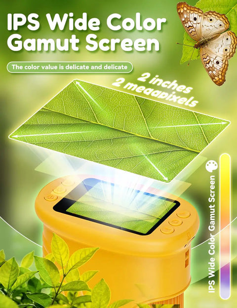 Handheld 200x-1000x Portable Microscope With 4K Screen LED Lights displaying a leaf with IPS wide color gamut and butterfly detail