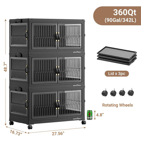 Legit Heavy Duty Stackable Storage Bins With Four Dual Access Doors And Three Secure Lids Foldable Plastic Organizers For Huge Closets And Garages Making Your Space Look Amazing, 360Qt, on wheels.