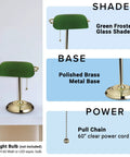 13.5 Inch Traditional Banker Lamp With Green Glass Cylinder Shade, Polished Brass Finish, Classic On Off Pull Chain details
