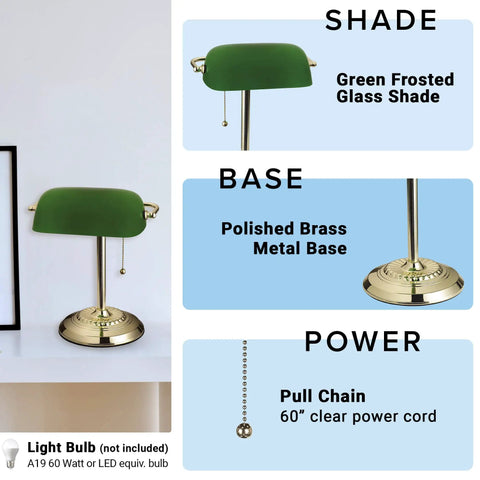 13.5 Inch Traditional Banker Lamp With Green Glass Cylinder Shade, Polished Brass Finish, Classic On Off Pull Chain details