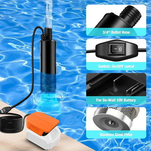Cordless Submersible Water Pump for Dewalt 20V and 60V Batteries with hose, switch, and filter, used in pool