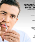 Round Tip Tweezer For Men Premium Stainless Steel Eyebrow And Facial Hair Remover Made In USA Precision Grooming Tool With Superior Alignment And Detailed 40 Step Finish That Elevates Your Brow Game And Makes Clean Easy Brow Shaping. Man using stainless steel tweezers for eyebrow grooming
