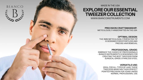 Round Tip Tweezer For Men Premium Stainless Steel Eyebrow And Facial Hair Remover Made In USA Precision Grooming Tool With Superior Alignment And Detailed 40 Step Finish That Elevates Your Brow Game And Makes Clean Easy Brow Shaping. Man using stainless steel tweezers for eyebrow grooming