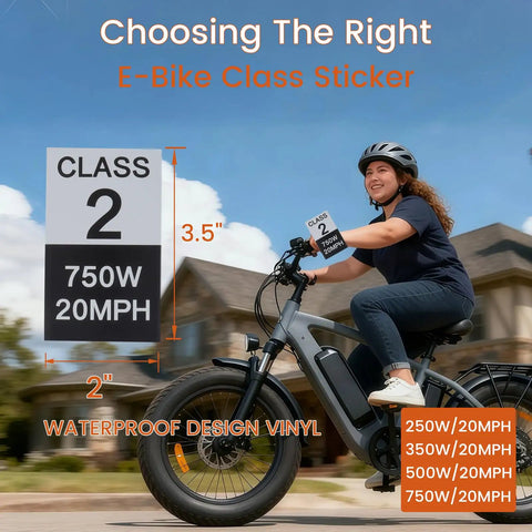 8 Pack E Bike Class 2 Identification Sticker Set For 750W 20MPH Rating Waterproof Vinyl Decals shown on electric bike