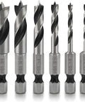 Front view of six HSS brad-point drill bits with 1/4 in quick-change hex shanks, stubby wood drill set.