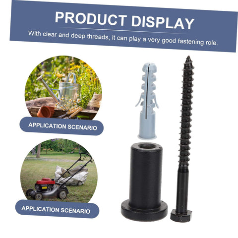 Product display of heavy-duty fasteners with a black steel screw and wall anchor, suitable for outdoor use like gardening and landscaping.