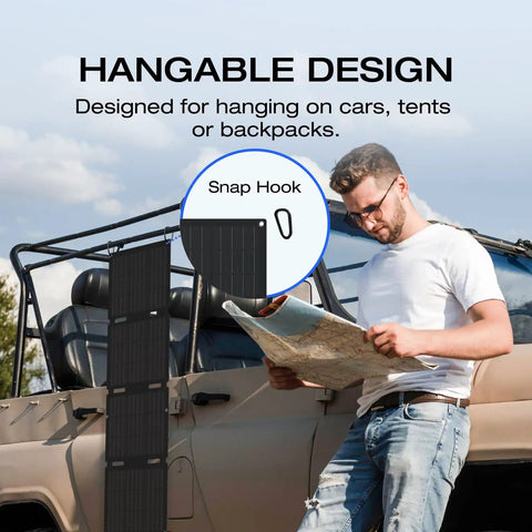 45W Portable Solar Panel With Type-C And N-Type Cells, 25% Efficient, Charge Faster, Foldable And Ultra Lightweight IP68 Waterproof For Power Stations, Four-Panel Design For On-The-Go Charging, Not Designed For Series Connection hanging on vehicle with man reading map