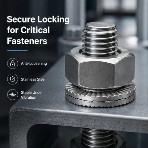 Pro Grade Stainless Steel Self Locking Belleville Washers Rock Solid Anti Loosening Grip Hardware For Serious Automotive And Industrial Builds 1 1/8 Inch securing a bolt with stable design.
