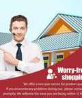 Customer support representative with headset beside houses with metal roofing.
