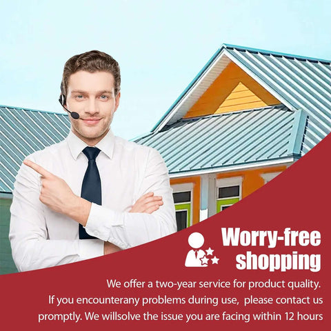 Customer support representative with headset beside houses with metal roofing.